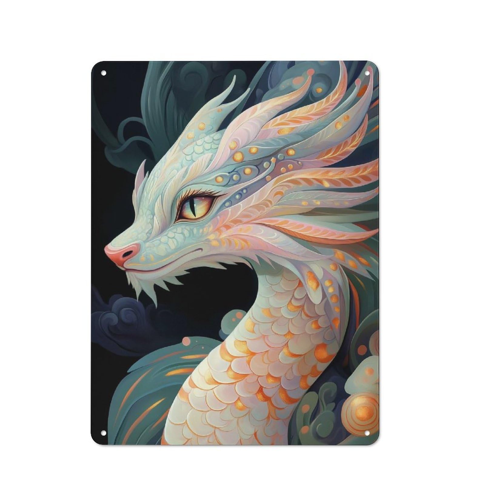 Retro Metal Sign with White Dragon Portrait Design 40x30cm, Retro Old Style Wall Plaque for Kitchen, Hallway, Bar Or Small Cafe