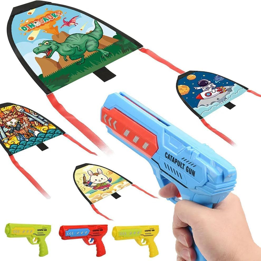 ZELVO Kite Launcher Gun Toy with 1 Colorful Flying Gliders, Fun Playtime, Dinosaur, Space, Animal Designs –Outdoor Indoor Shooting Game Set for Kids 3+ Age (Multicolor: Color Sent As Per Stock)