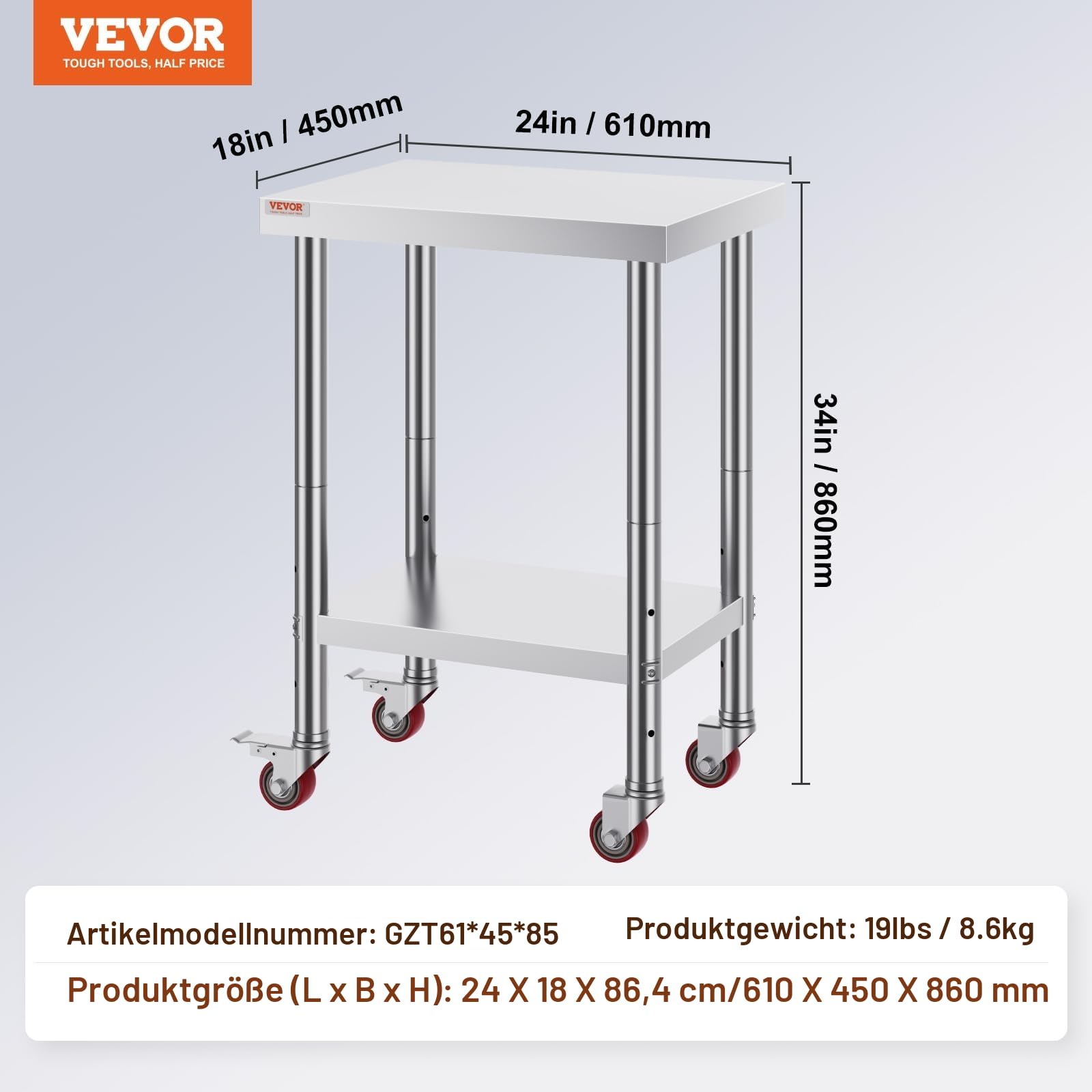 VEVOR Edelstahltisch Arbeitstisch 61 x 46 x 86 cm, Gastronomie Küchentisch mit 100 kg Tragkraft, Vorbereitungstisch mit 4 Verstellbaren Füßen, Serviertisch Rollbar für Küche Bar & Restaurant