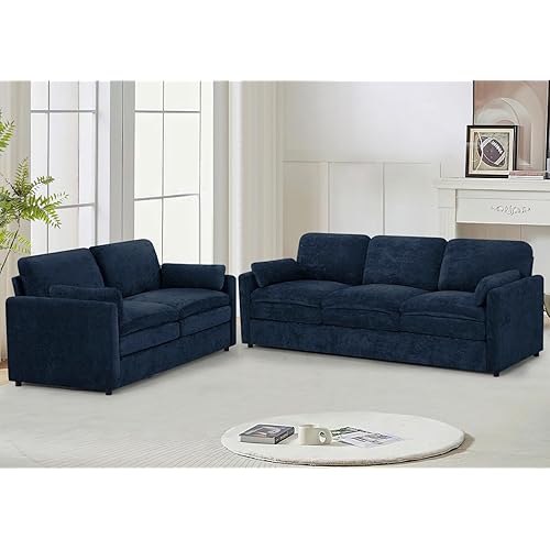 2 Pieces Chenille Couch Set with Well-Filled Pillows, Modern 3 Seats and 2 Seats Sofa with Soft Backrests, Classic Upholstered Sectional Couch with Thickened Cushions for Living Room, Blue