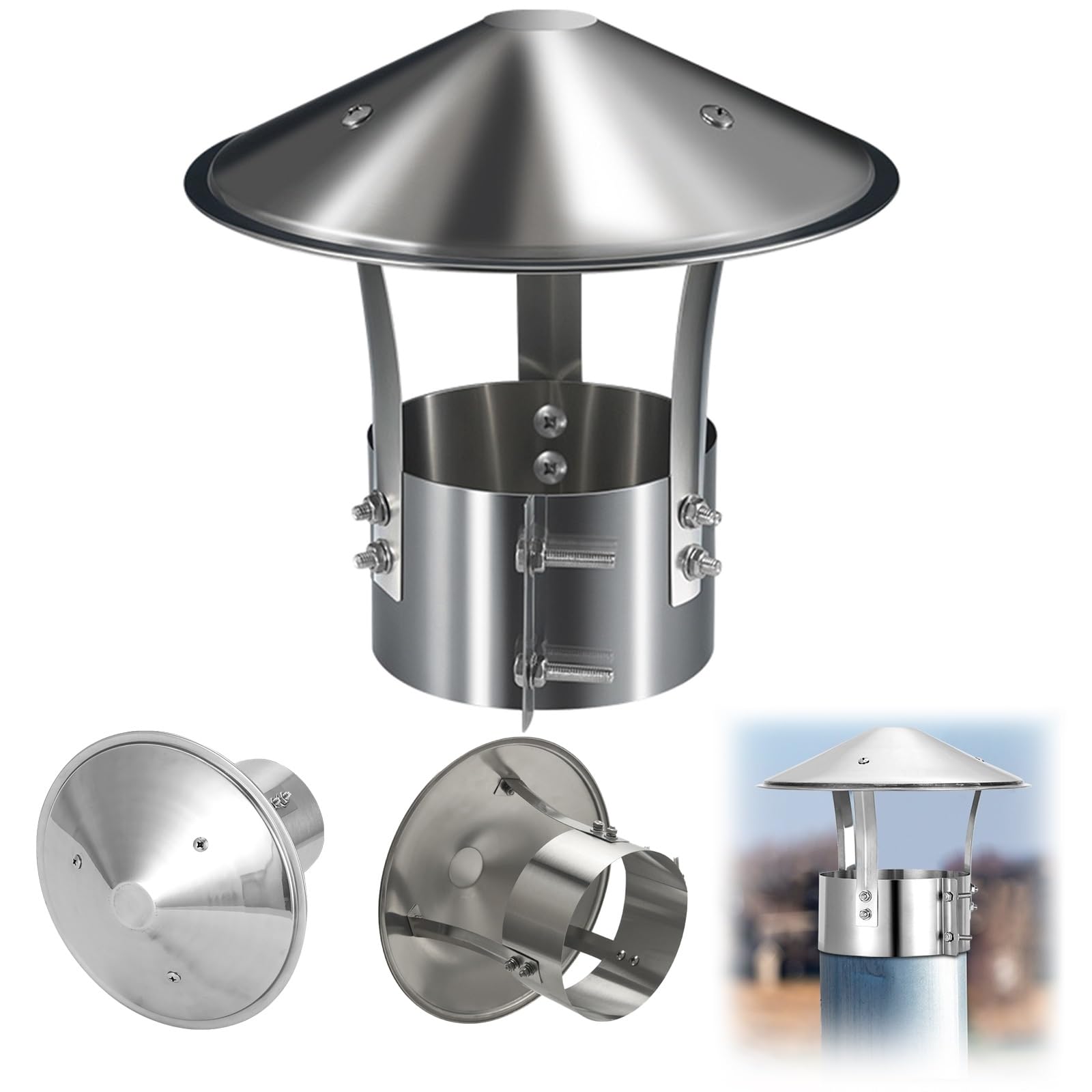 OYSKGNCMW Stainless Steel Round Chimney Cap Weatherproof Exterior Stove Pipe Topper Fireplace Chimney Cover Universal Cone Top Roof Cap for Wood/Oil Stove Vent(140mm/5.5in)