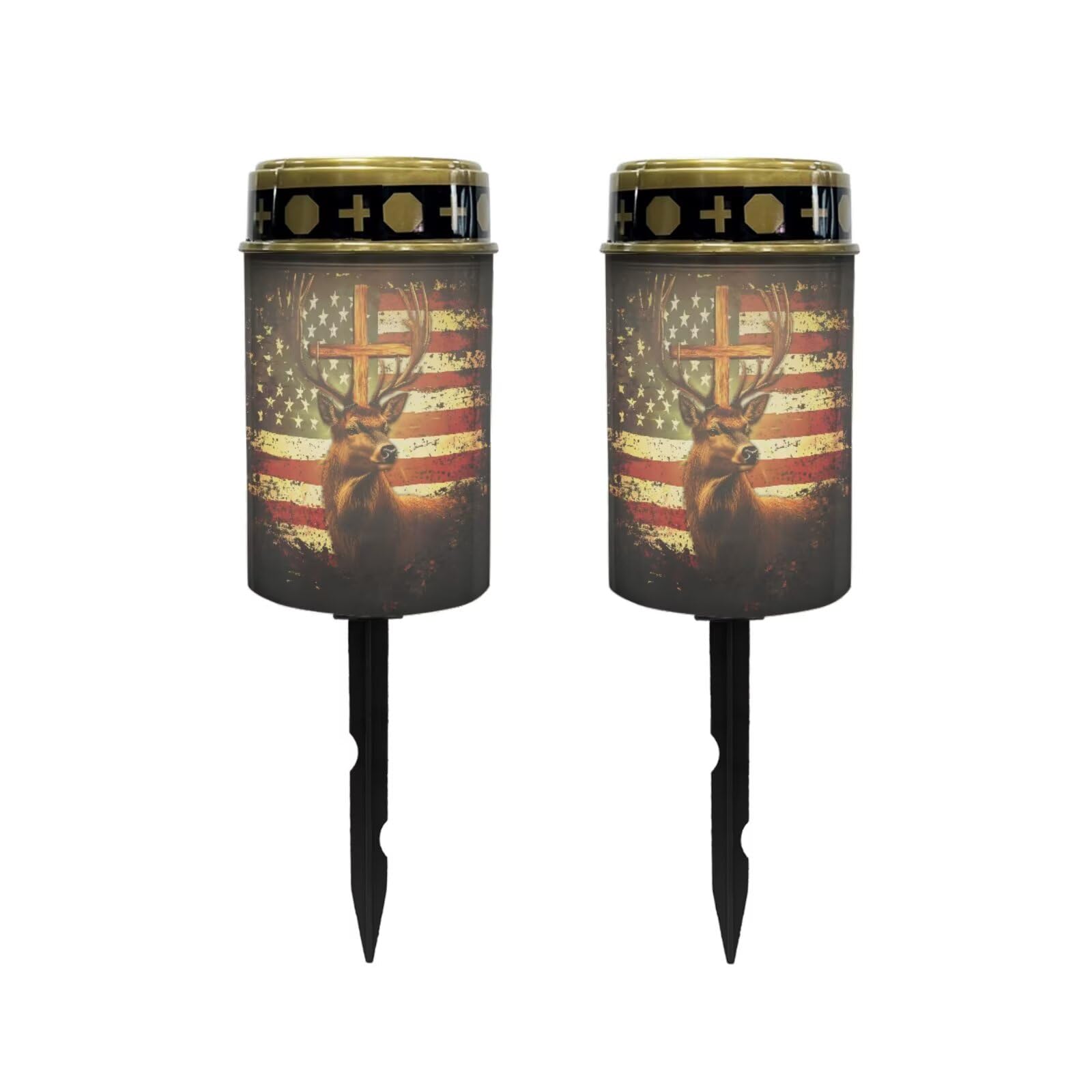 Poceacles Deer American Flag Vintage Pattern Solar Lights Outdoor Solar Powered Outdoor Cemetery Stake Candle Grave Lamp Landscape Lighting Waterproof Grave Flameless Candle, Pack of 2