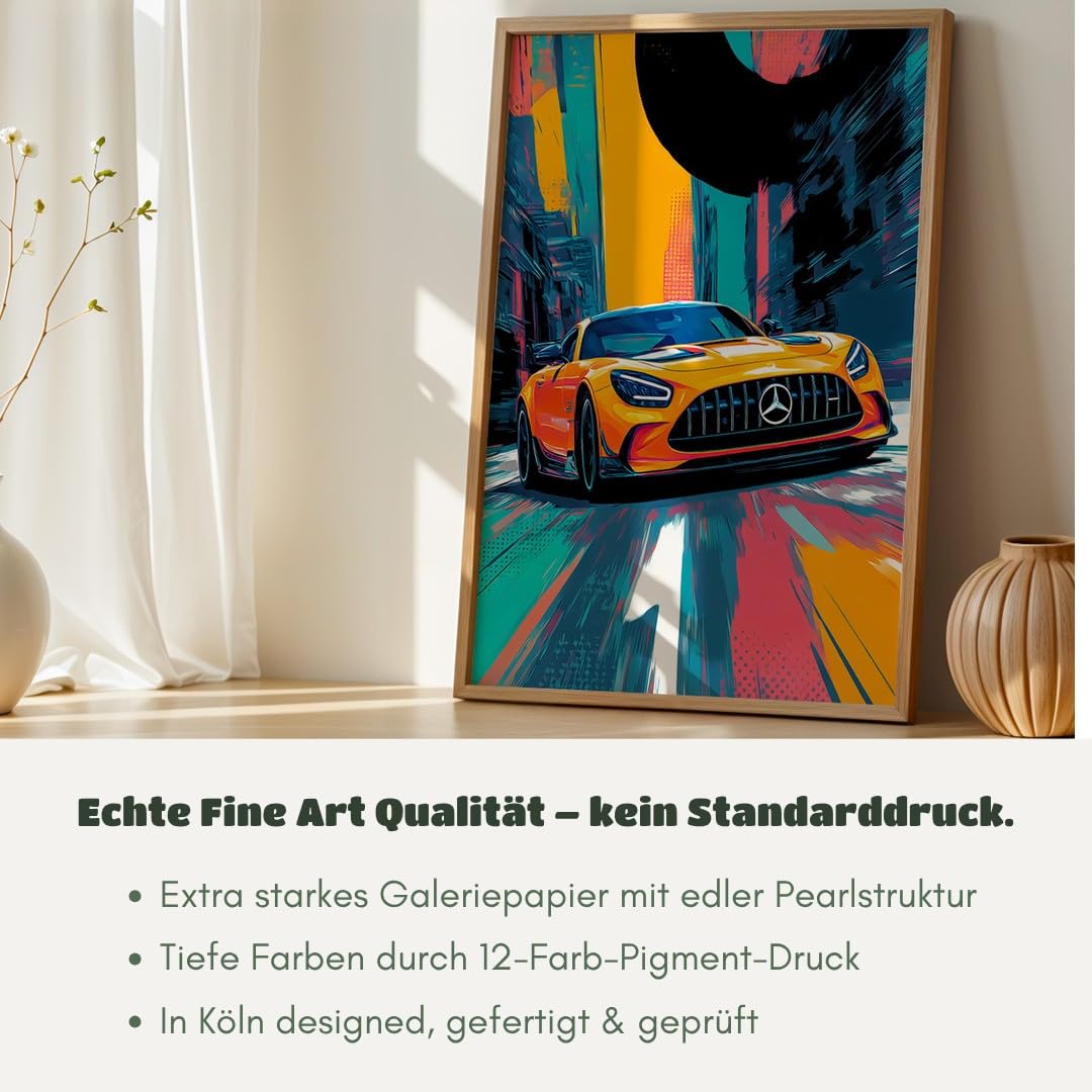 MJ-GRAPHICS® Poster Sportwagen Kunstdruck futuristisches Wandbild abstrakt orange blau urban Deko fürs Wohnzimmerbilder Auto Deko Bilder Büro Wanddeko A2 mit beigem Rahmen