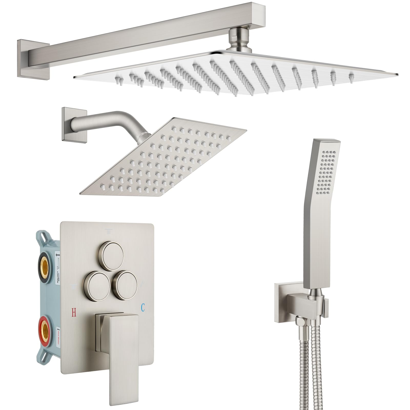 Ensemble de robinet de douche à bouton anti-calcaire avec grand pommeau et douchette