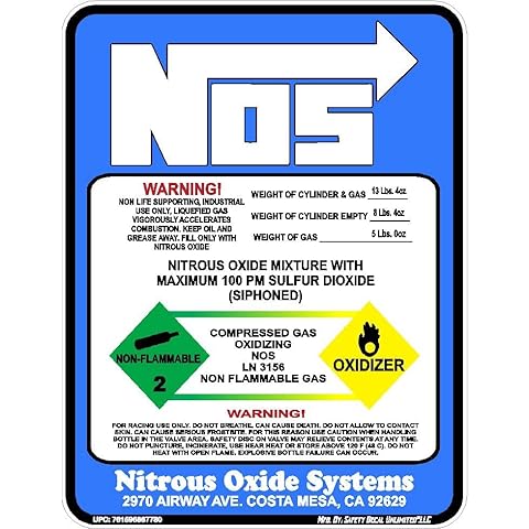 Safety Decal Unlimited Nitrous Oxide 5LB Blue NOS Bottle Replacement Label Sticker Decal Made in America Cover