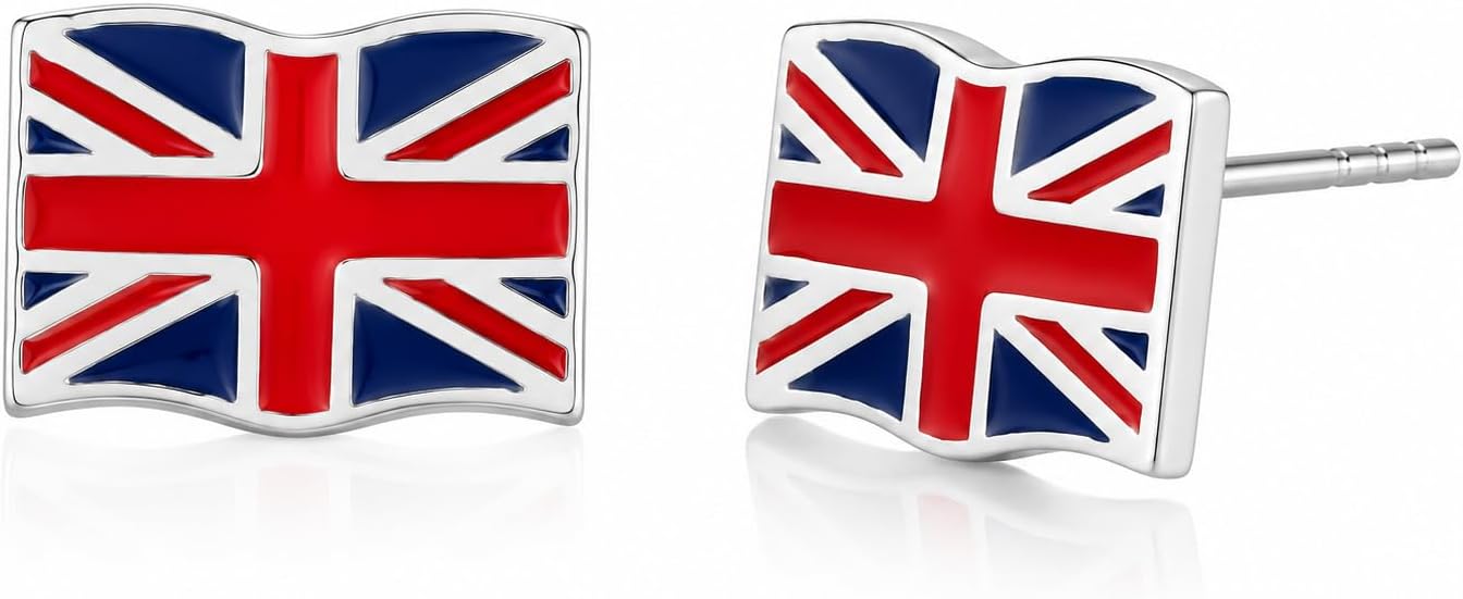 UK Flag Earrings, Union Jack United Kingdom Stud Earrings 925 Sterling Silver Posts for Women & Men, British Flag Jewelry Gift
