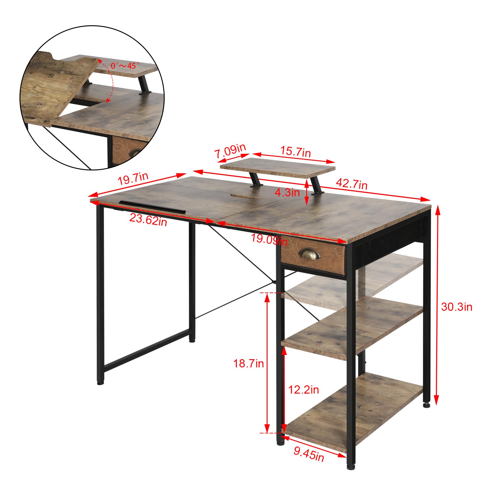 Mesa de dibujo con estantes de almacenamiento y cajón, escritorio de arte ajustable de 43 pulgadas con soporte para monitor para computadora de oficina en casa, mesa de dibujo inclinable 6