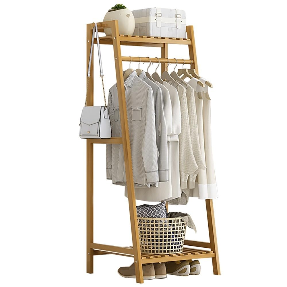 XDLEDMKIZ Bamboo Freestanding Clothes Rack with Top Shelf and Garment Rack for Bedroom and Entryway Storage