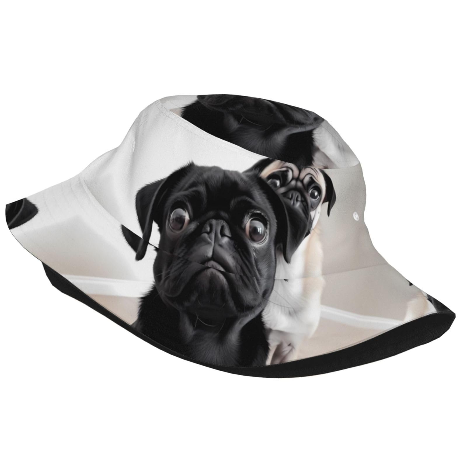 Unisex Cute Bucket Hat Summer Travel Fisherman Cap Cute Black Pug Dog Beach Travel Sun Hat Outdoor Cap