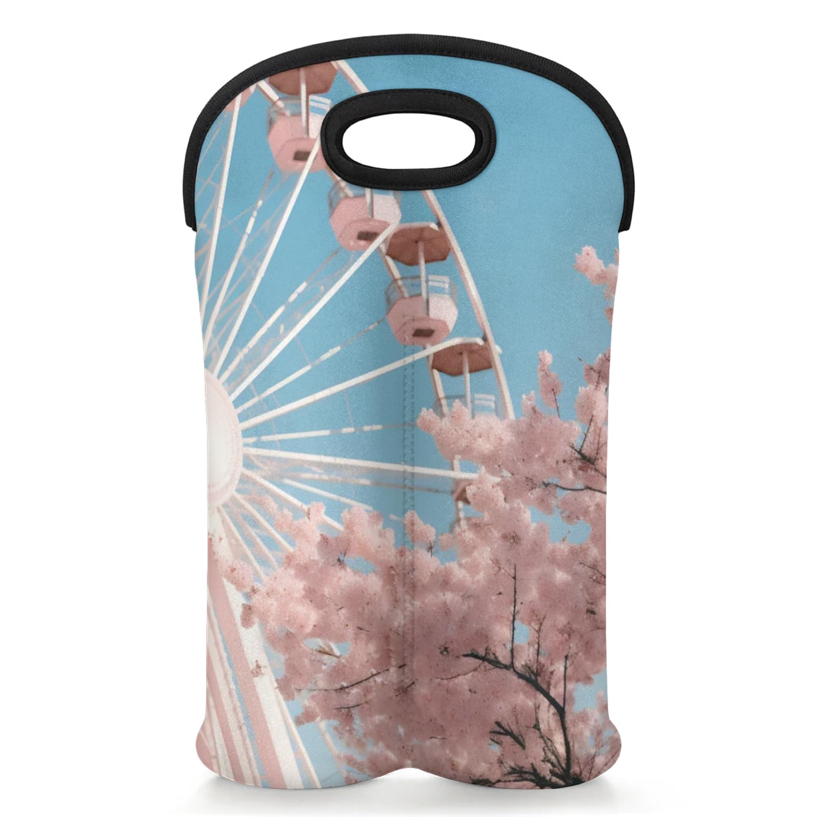 GzLeyigou 2 Bottles Ferris Wheel Pink Wine Bag Sleeve Totes Neoprene Protective Wine Carrier Bag for Wine,Water, Champagne, Beer, Baby Bottles,Gift 14.5 x 10 Inches