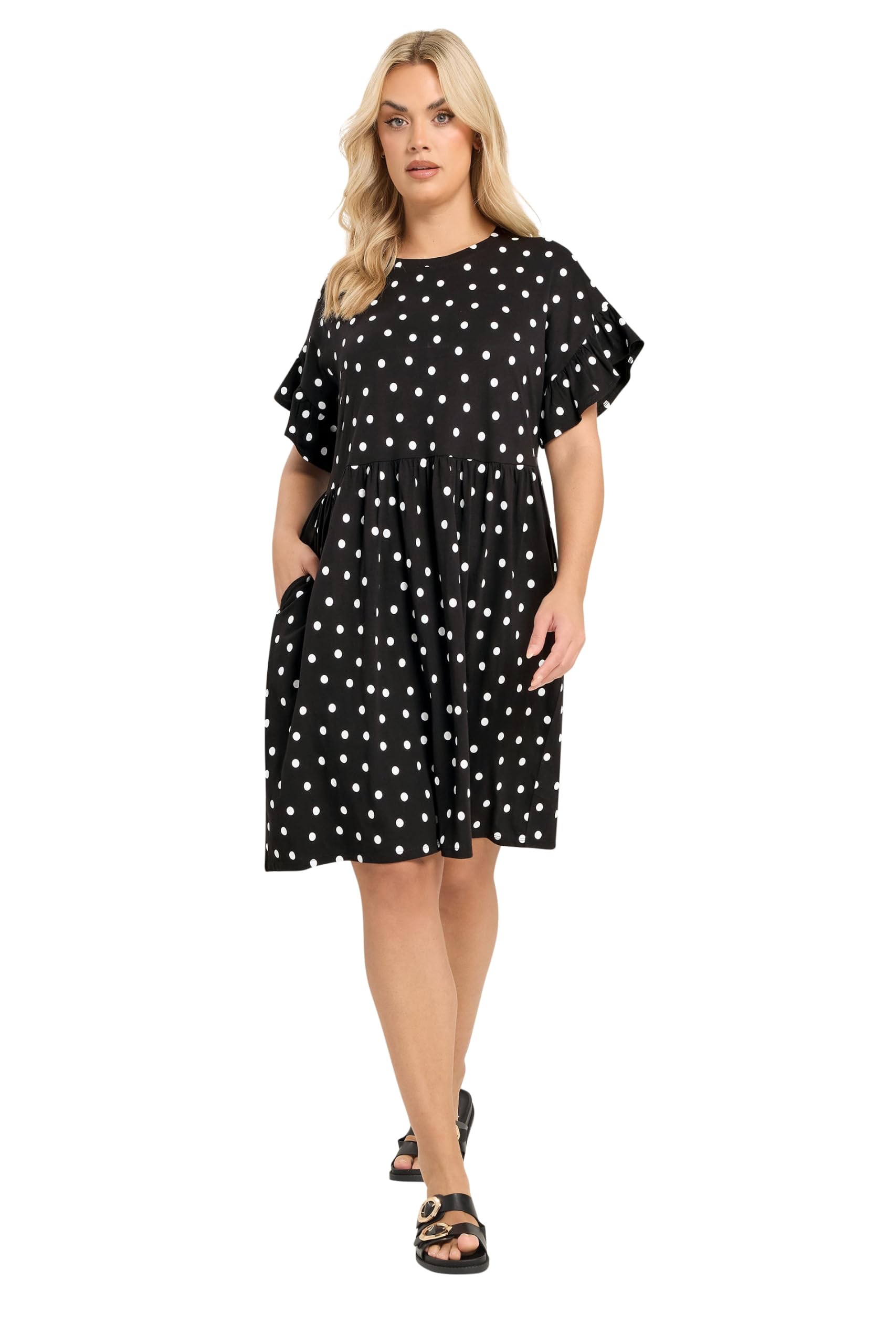 Yours Women's Black Polka Dot Frill Sleeve Tunic Dress In | Size: 22/24