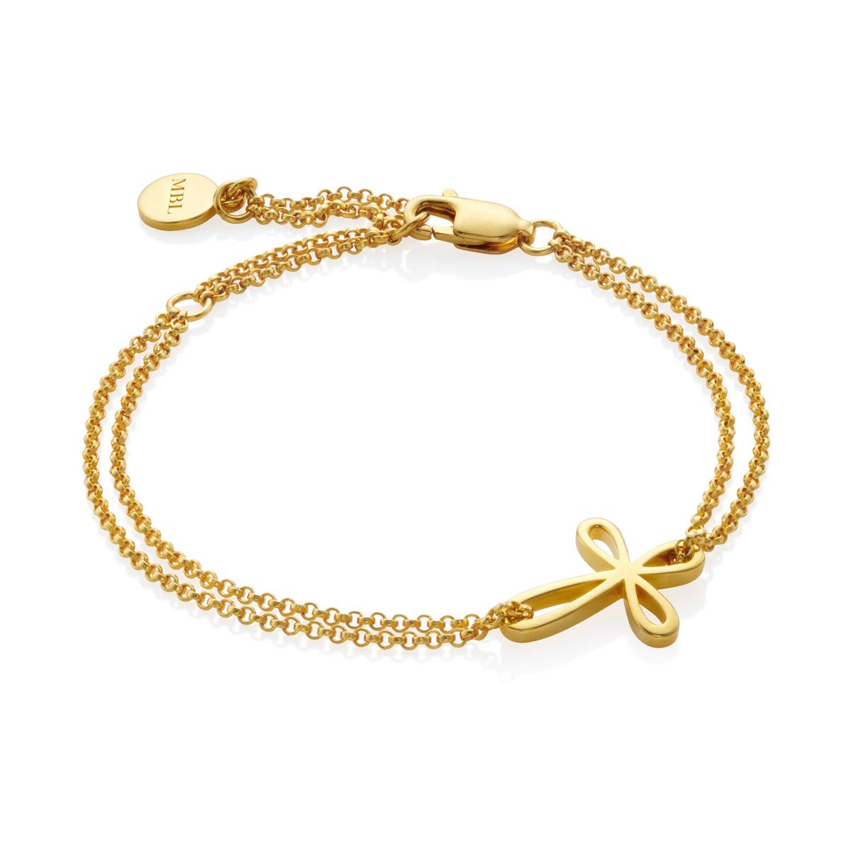 Molly Brown London - Braccialetto placcato oro 18 carati, con croce e scritta "Love", ideale per battesimo, comunione, per ragazze, damigelle d'onore e damigelle d'onore