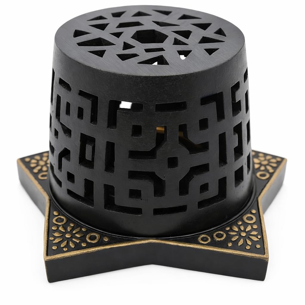 Jrose Collections Black Bakhoor Burner Resin Incense Cone Burner With Decorative Lid, Aroma Incense Holder For Bakhoor Incense Cones, Gold Star Base Home Fragrance Burner For Meditation Relaxation Decor, 7X10 Cm