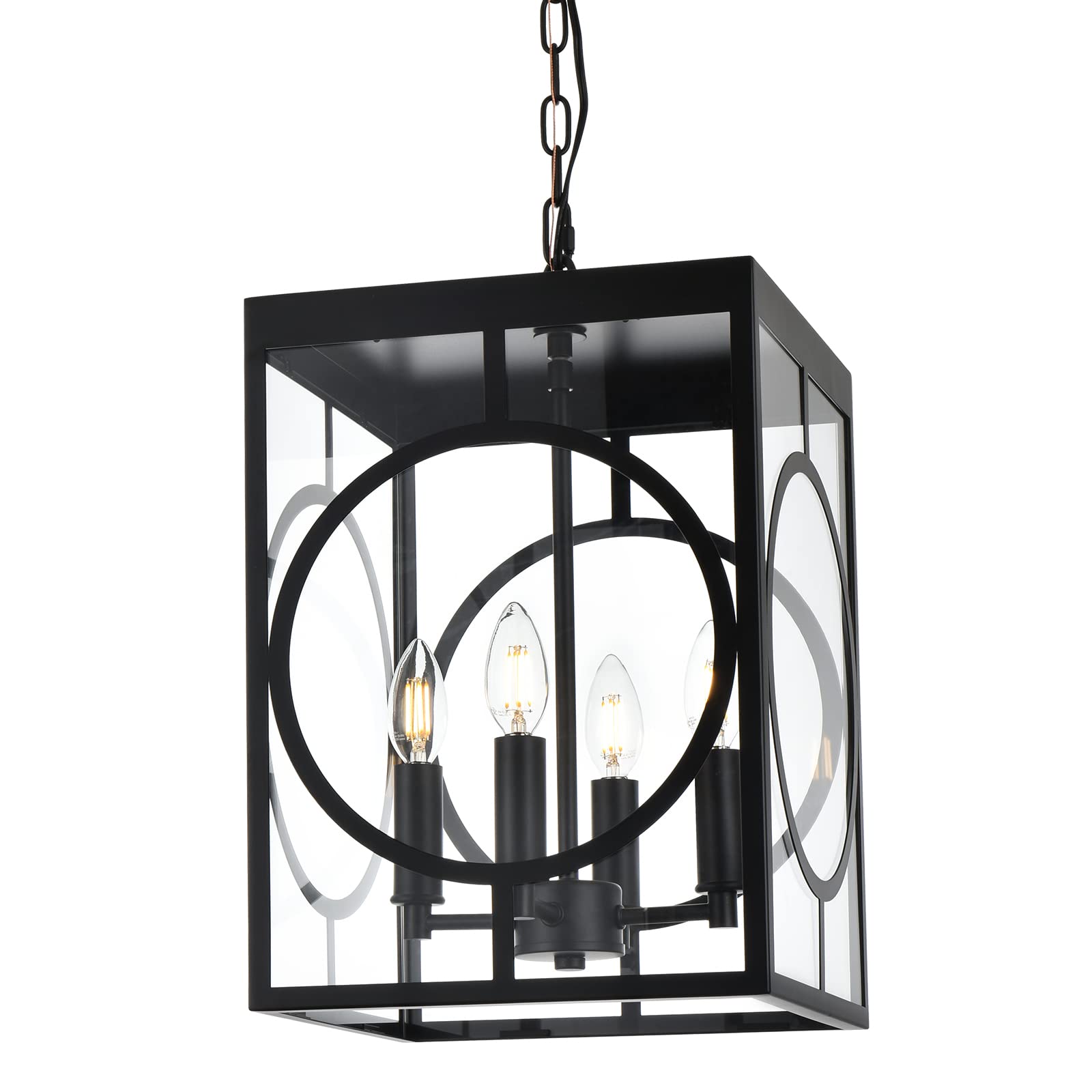 VINLUZ 4 Lights Outdoor Pendant Light Fixture in Black Finish Finish, Classic Indoor Outdoor Hanging Lantern Lighting with Clear Glass Shade for Porch Entryway Hallway