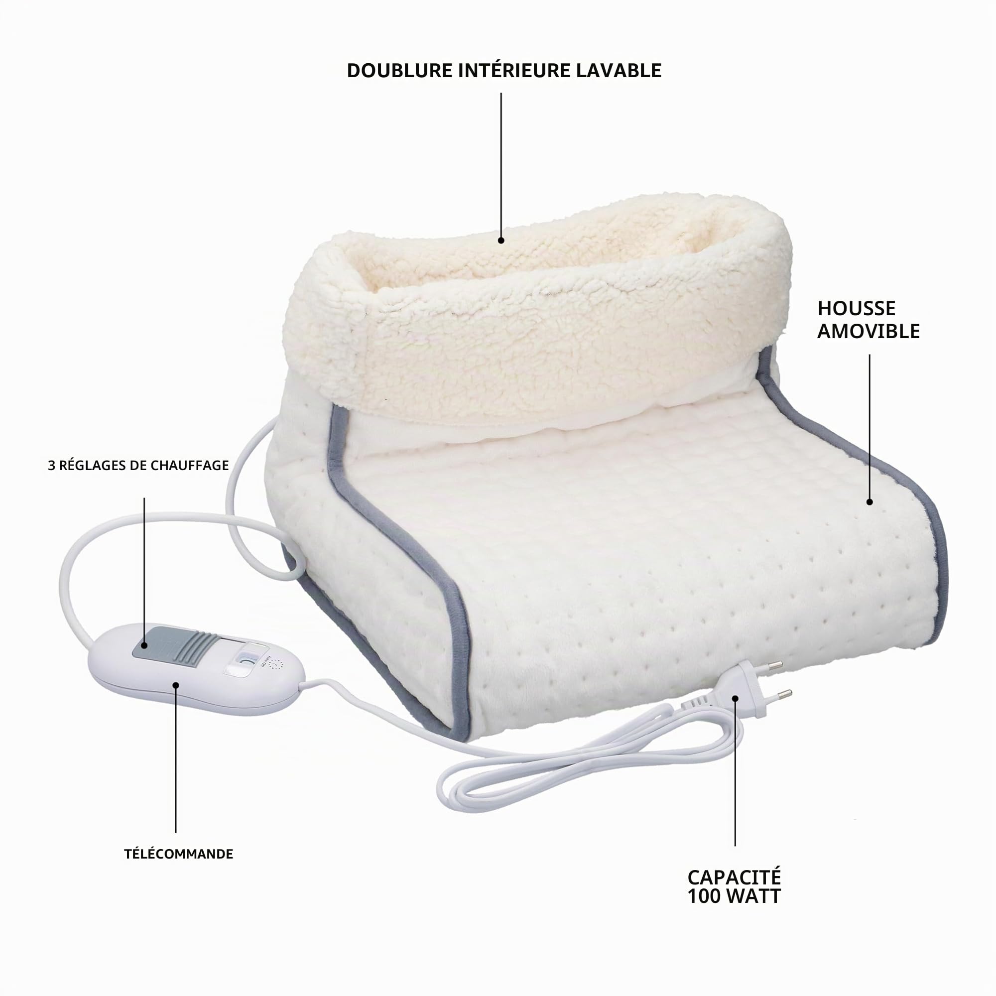 Alpina Chauffe-Pieds Électrique avec Télécommande – Chausson Chauffant 3 Niveaux – Arrêt Automatique 90 Min – Housse Lavable – Pantoufle Chauffante – Blanc, 30x30x23