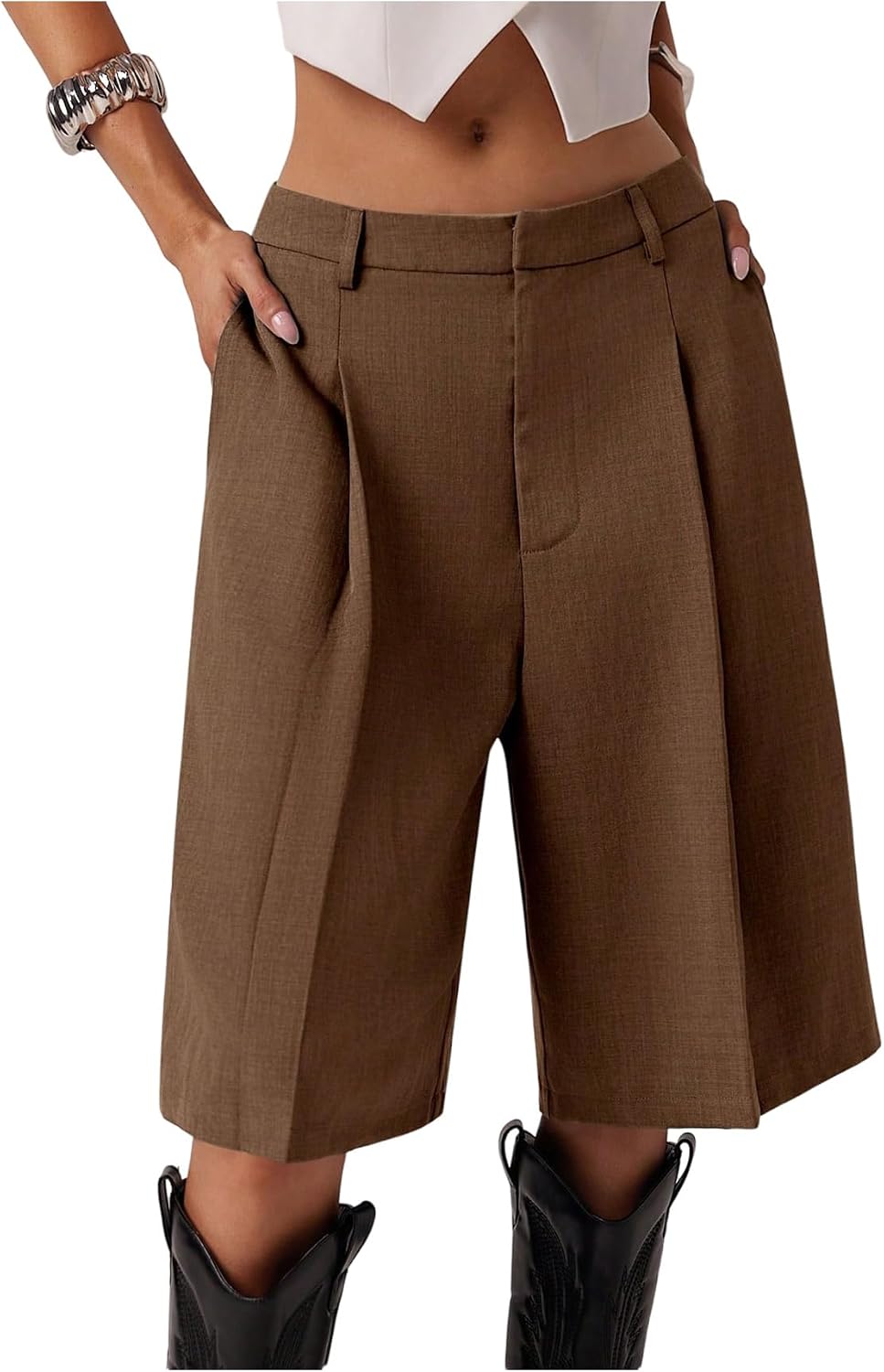 Milumia Women's Dressy Casual Wide Leg Bermuda Shorts Pleated Dress Shorts with Pockets