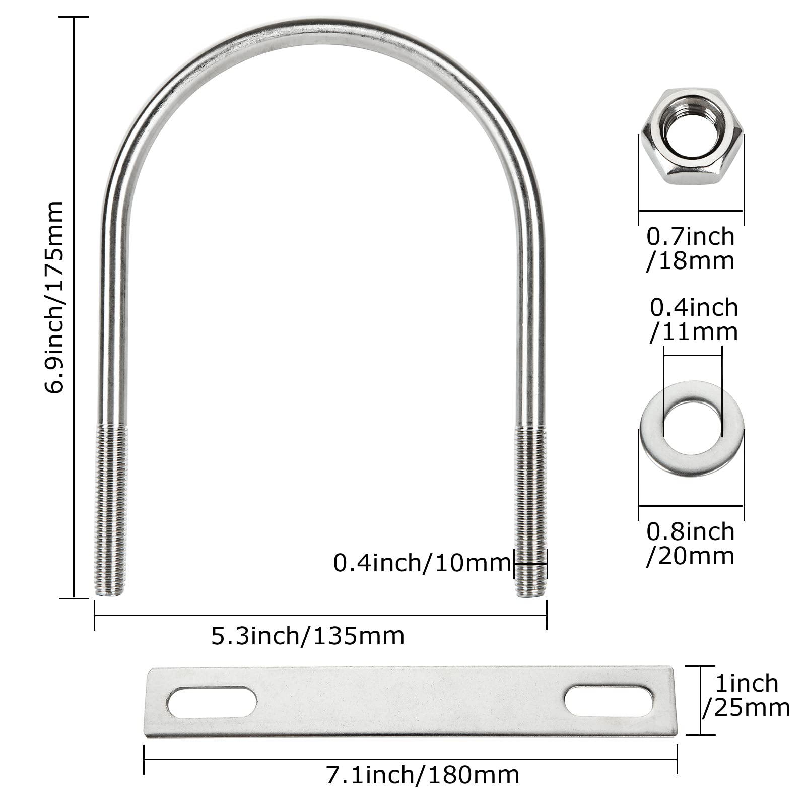 Stainless Steel U-Bolts - 4 Pack M10 -2