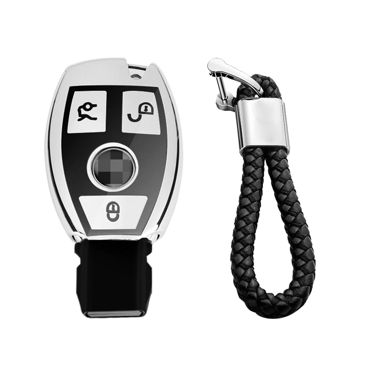 M.JVisun Soft TPU Case Cover Protector Case for Mercedes-Benz, Car Remote Key Fob Case for Mercedes A C E S Class GLK CLA GLA GLC GLE CLS SLK AMG E260l C200l - Glossy Silver - Braided Keychain