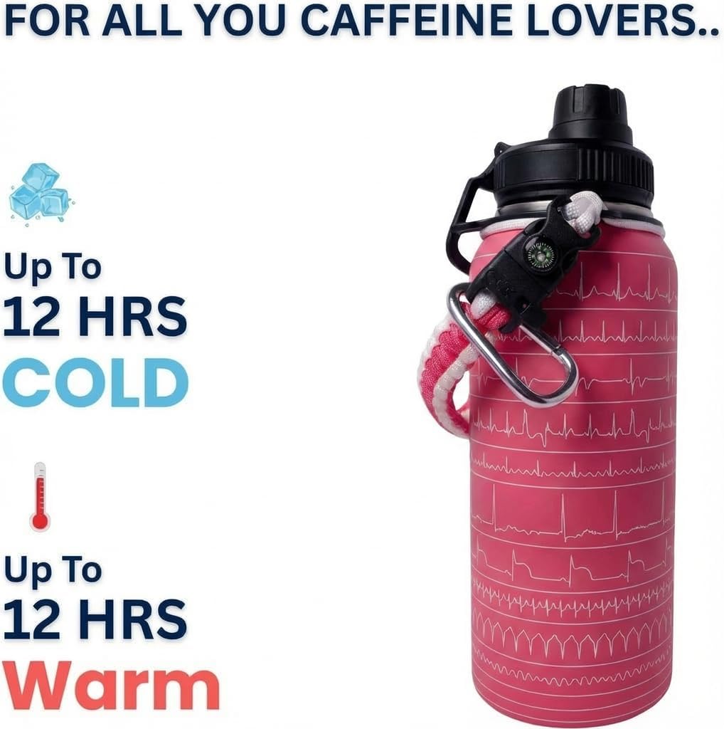 Paramedic Flash EKG Insulated Water Bottle - Durable Stainless Steel Bottle With 11 Cardiac Rhythm Engraved | Emt & Paramedic Gift For Medical Professionals | 32 Oz, Pink