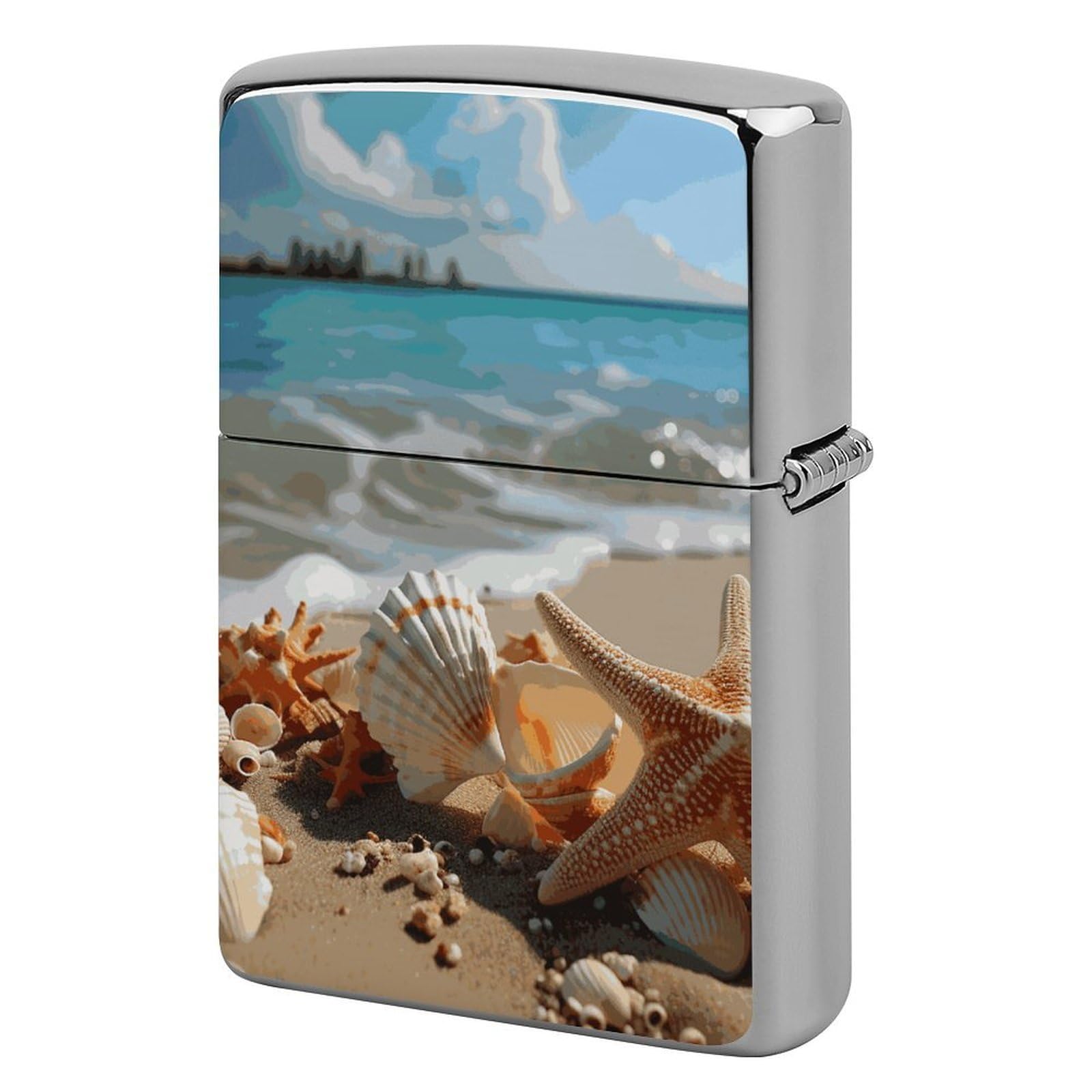 Seashells Starfish on Beach Lighter Case Vintage Metal Lighter Cover Reusable Lighter Protective Sleeve Unique Design Personalized Lighter Sleeve Holder Against Dust and Scratches