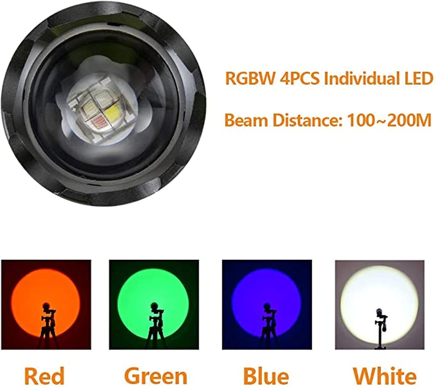 4 Color in 1 LED Flashlight, IPX6 Waterproof Zoomable RGBW Handheld Flashlight Straight Shape 100 to 200 Meters for Camping Fishing (red, green, blue and white)