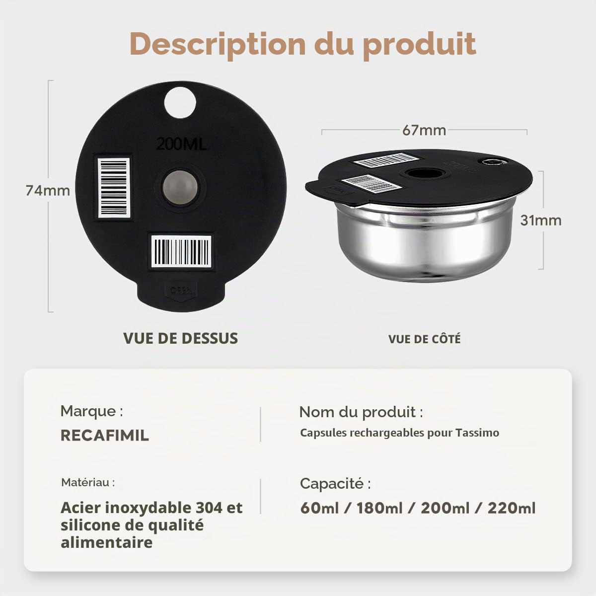 RECAFIMIL Filtre à café réutilisable avec tamper, dosettes en acier inoxydable avec 4 couvercles en silicone noir, 60/180/200/220 ml, compatible avec les machines Bosch Tassimo