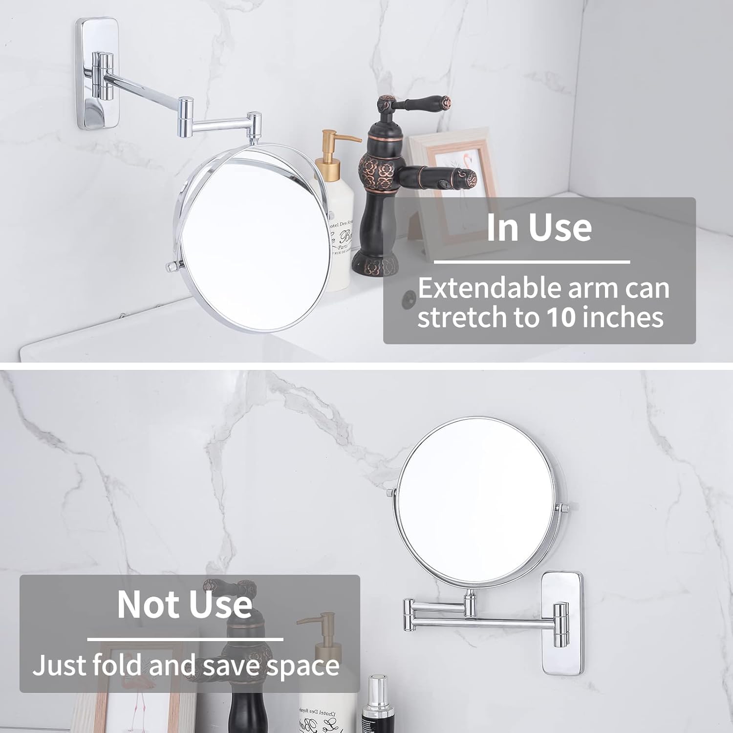 Nicesail Espejo cosmético de pared – Espejo de maquillaje con aumento 5X – Espejo de pared para baño – Espejo de afeitar extensible – Cromo – Espejo de doble cara, diámetro 6 pulgadas