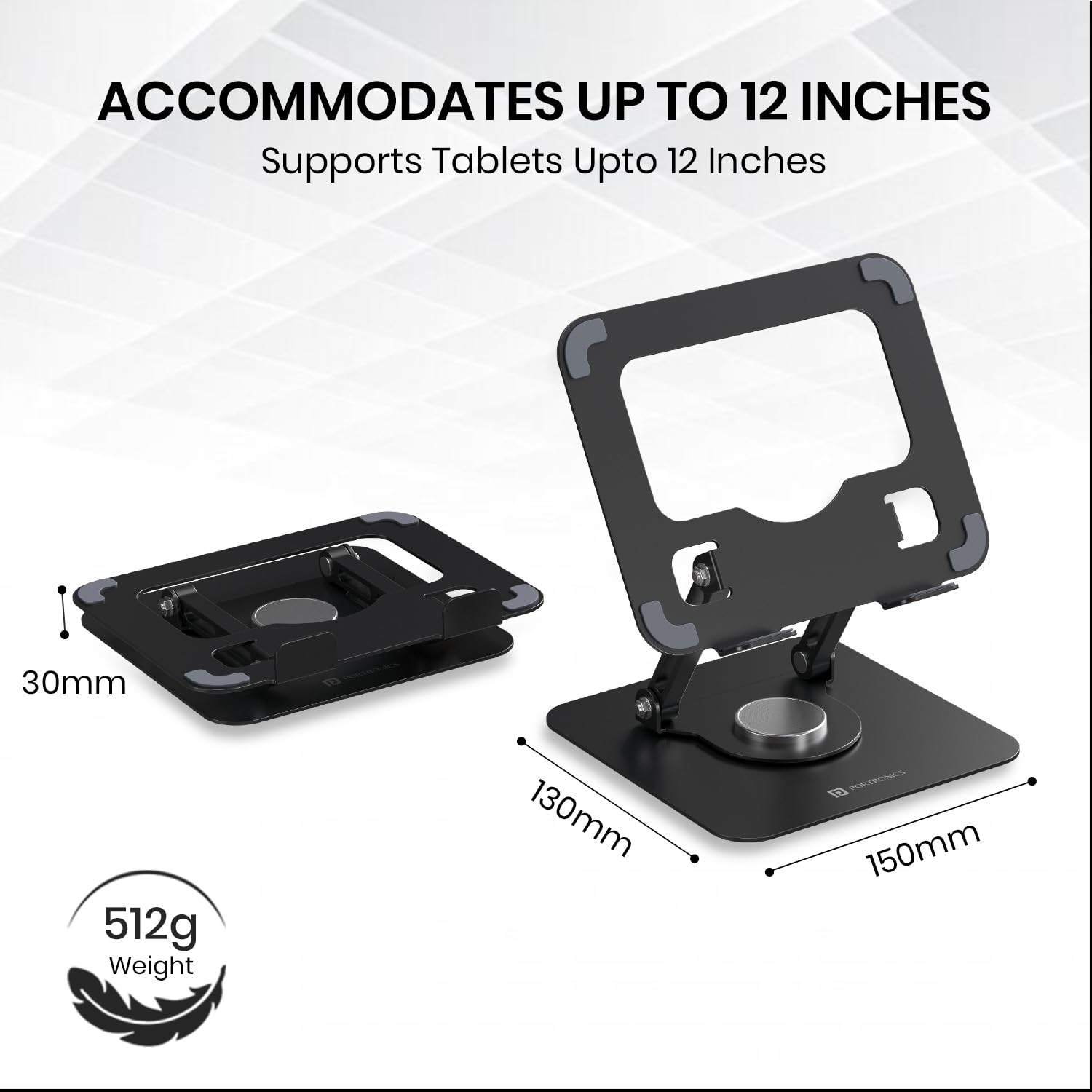 Portronics My Buddy A1, Metal Tablet Stand, 360° Rotating Base, Height & Angle Adjustable, Supports Up to 12 Inch Tablets & 5Kg Load, Foldable & Portable, Anti-Slip Pads (Grey) — Amazon image 4