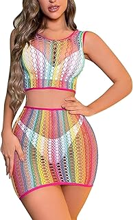 Women Rainbow Rave Outfit Fishnet Top Bottoms Music Festivals Halloween Cosplay Costume Sexy Dress Dance Clubwear