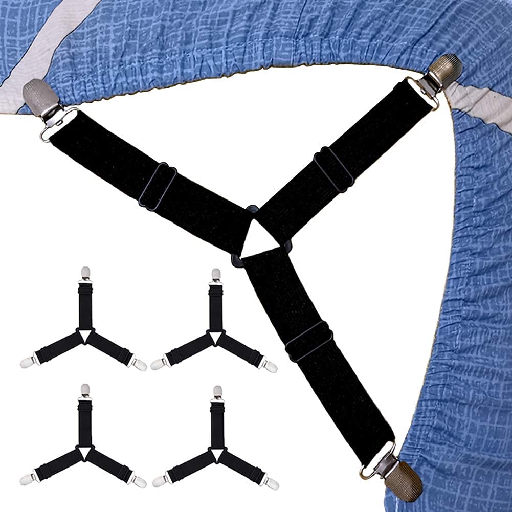 CREDLYBed Sheet Holder Straps, Adjustable Elastic Bed Sheet Fasteners and 3 Way Mattress Cover Holder Fasteners,The Triangle Sheet Clips Keeping Sheets Place for Bed and not Wrinkled,White(4 PCS)