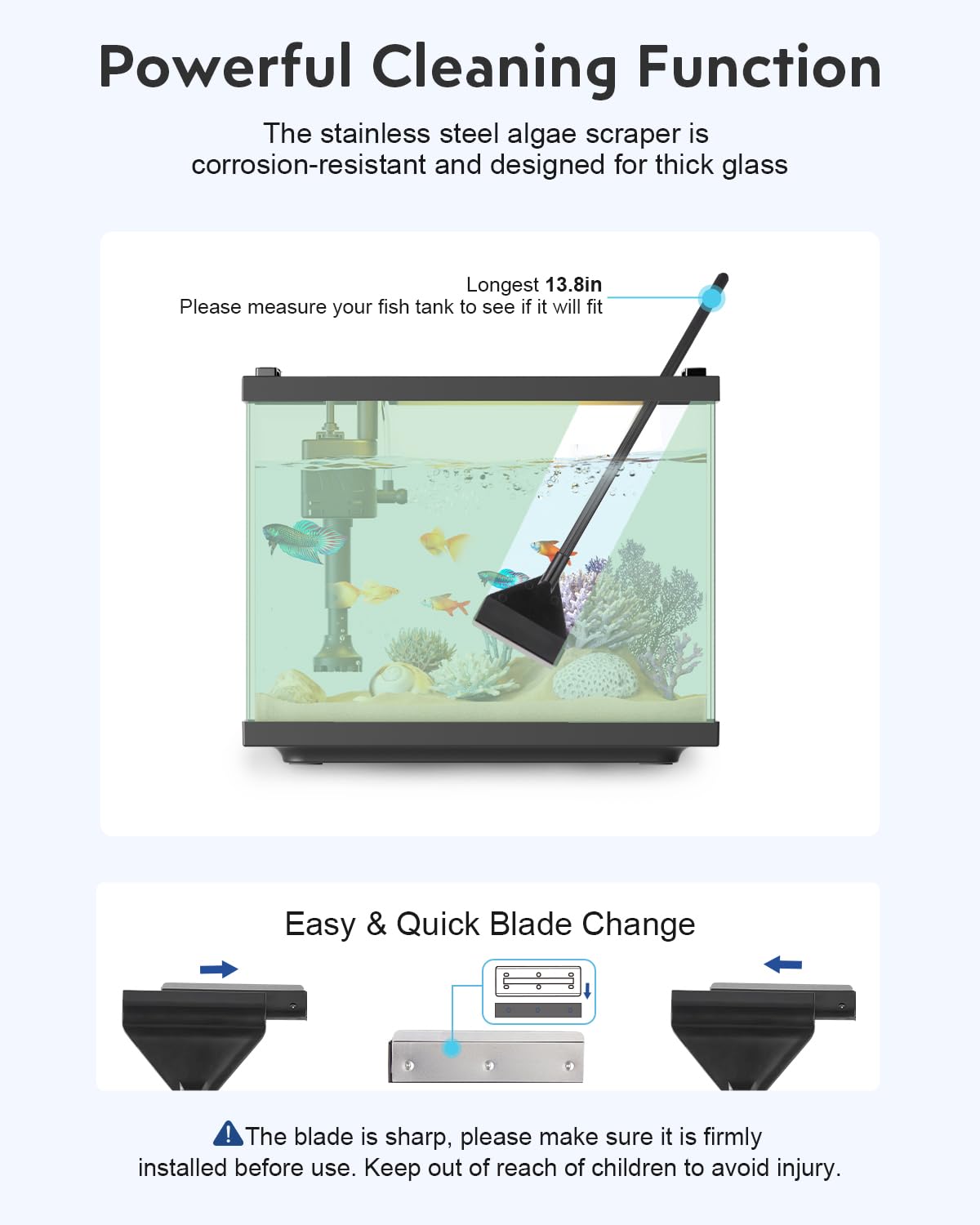 URUQ Kit de limpieza para peceras: raspador de algas para acuarios, herramientas limpiadoras de vidrio con asa, juego de accesorios de limpieza 7 en 1 para peceras Betta, incluye red de pesca, cepillo