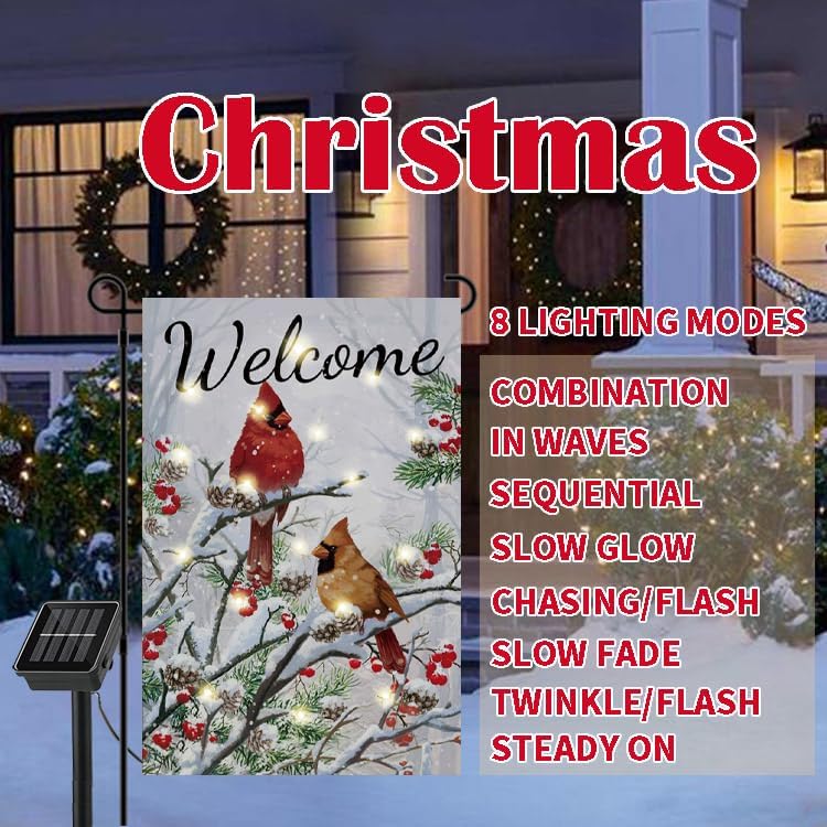 Welcome Cardinal Lighted Garden Flag Winter Double-Sided Solar LED 8 Lighting Modes with 16 Lights Winter Patio Home and Outdoor Decor Christmas Decoration Outdoor Lawn Porch Decoration(Cardinal) - Image 5