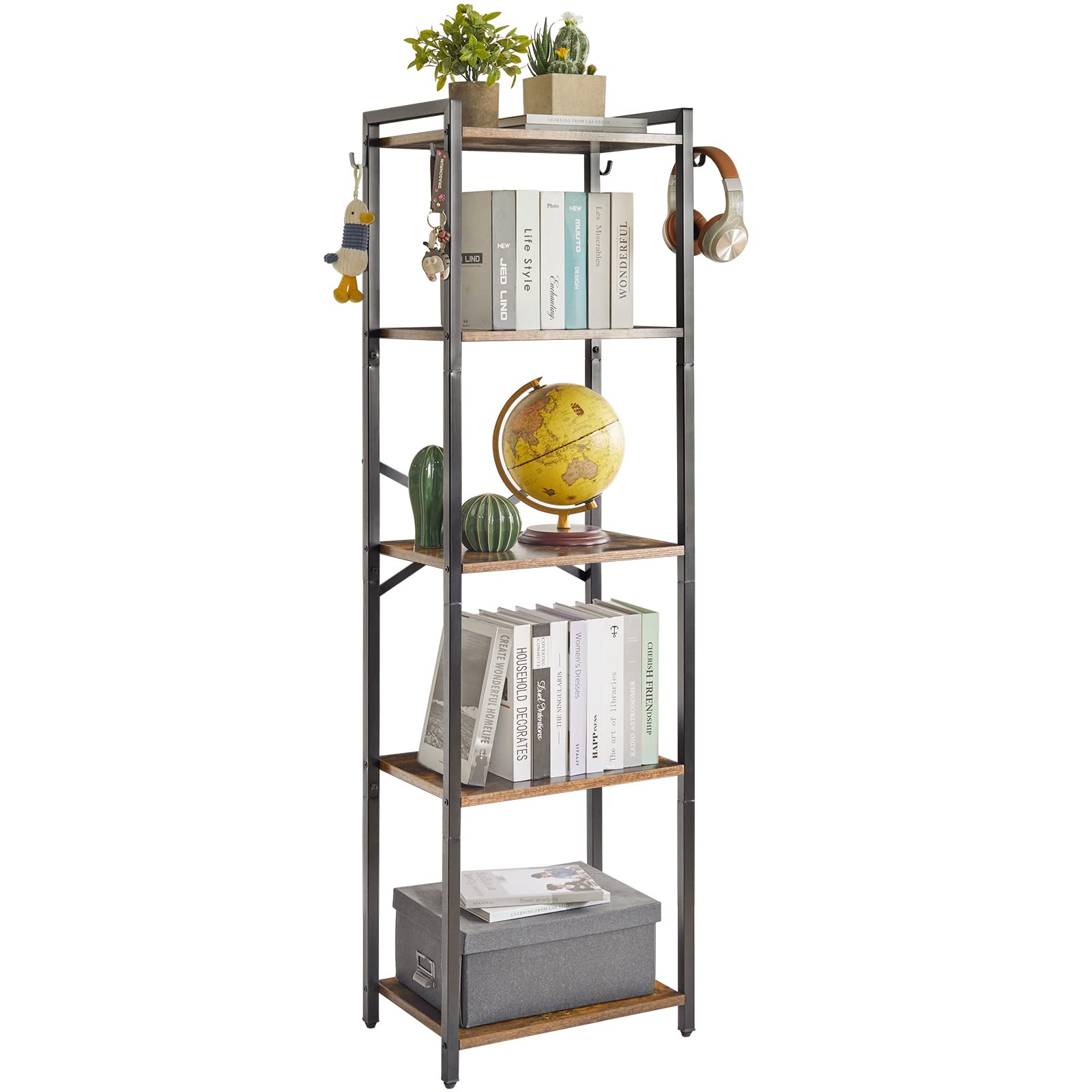 YMYNY Librería de 5 Niveles, Estantería, Biblioteca, Altura 147 cm, Estantería para Oficina, Marco Metálico, Industrial, para Sala de Estar, Estudio Oficina, Cocina, Marrón Rural HBC005H