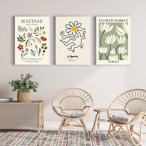 Hesendot Matisse Wall Art Decor,Abstract Wall Art Exhibition Posters,Flower Market Print Set Of 3, Keith Haring Wall Art,11X14In Unframed Real Quality Canvas Paintings For Art Poster Decoration In Kitchen, Bathroom,Living Room,Bedroom #TOP2