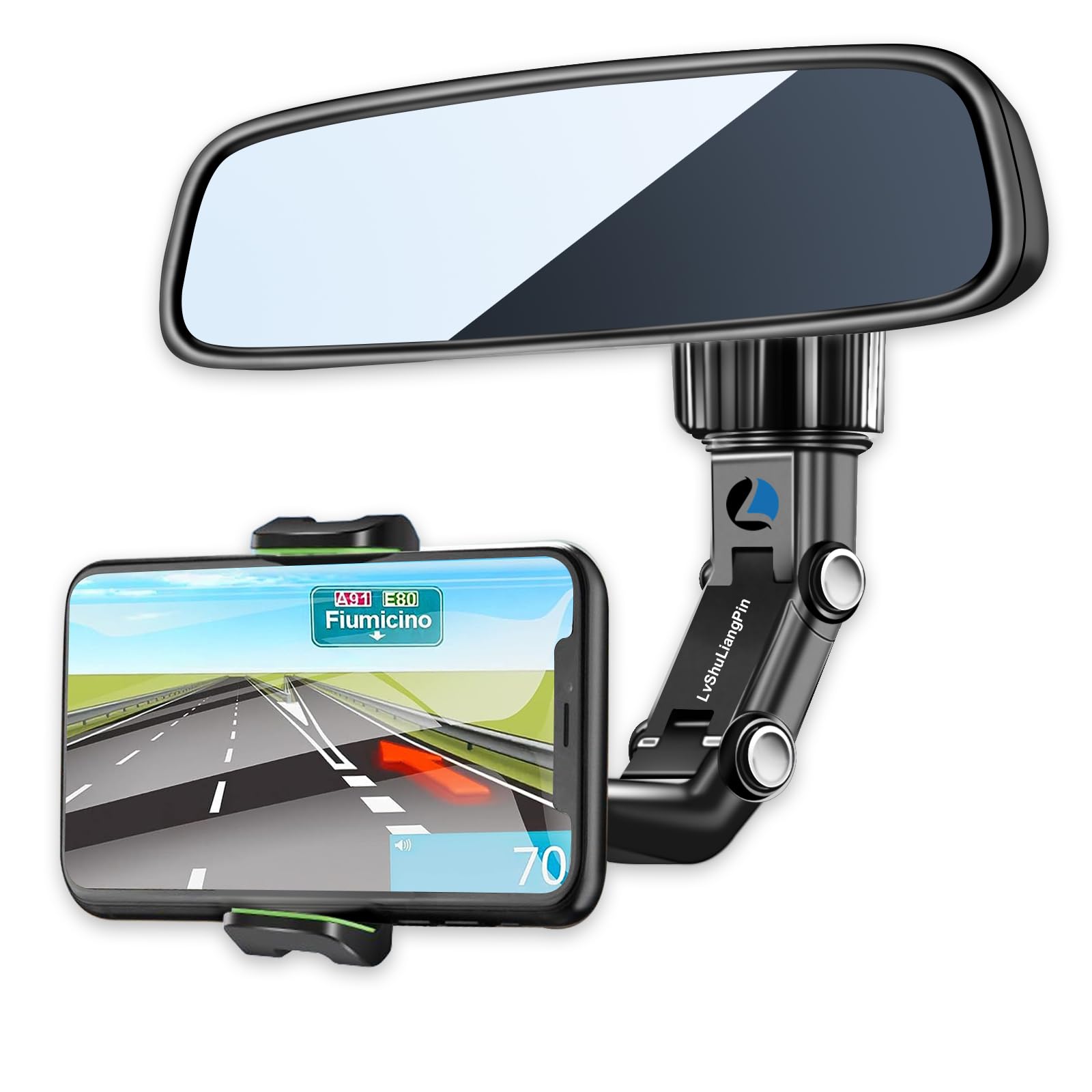 Rearview Mirror Phone Mount Holder for Car, 360° Rotating, Multifunctional Mount Phone and GPS Holder Universal Car Phone Holder for All Smartphones