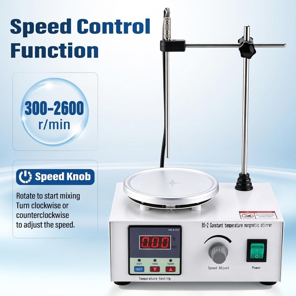 85-2 Lab Magnetic Stirrer Hot Plate 110V, Digital Temp Display, Stainless Steel Probe, 2600 RPM Lab Stirring System with Stir Bar & Support Stand for Laboratory Use 3000 mL Capacity