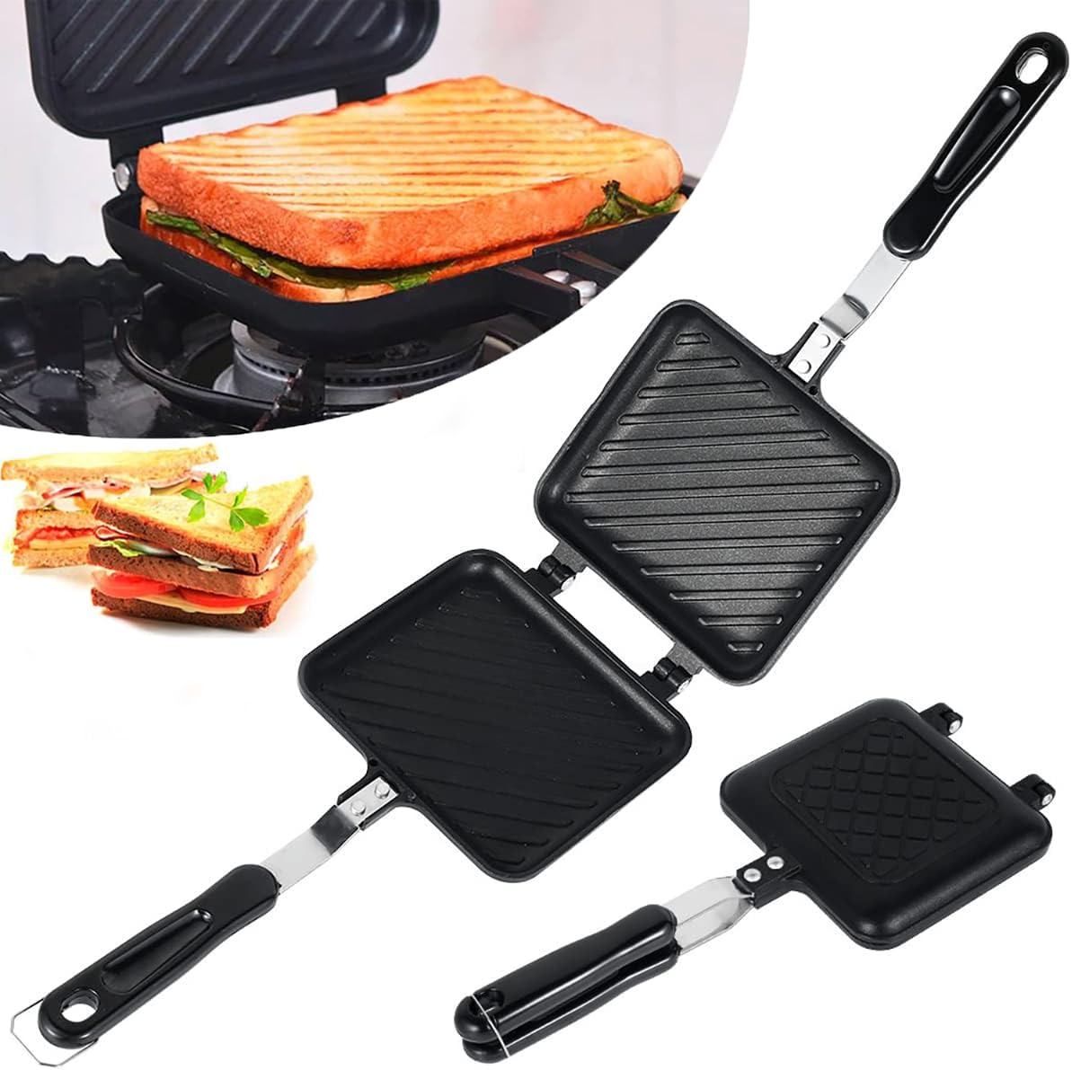 Camping Toastie Maker Non-Stick Bread Frying Pan Double Side Stovetop Sandwich Toastie Maker with Heat-Resistant Handles Multifunction Camping Toaster Breakfast Cookware for Gas Stove