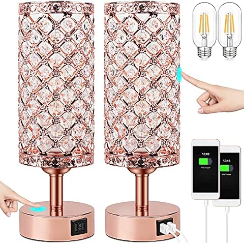 UBright Touch Control Crystal Table Lamp 3 Way Dimmable Decorative Bedside Nightstand Lamp with 2 USB Charging Ports Small Touch Light for Living Room Bedroom Home 2 Pack (Bulb Included) (Rose gold) Cover