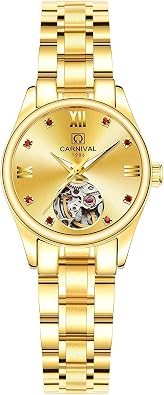 FANMIS Automatic Mechanical Waterproof Stainless Steel Fashion Rhinestone Skeleton Women Watch Golden