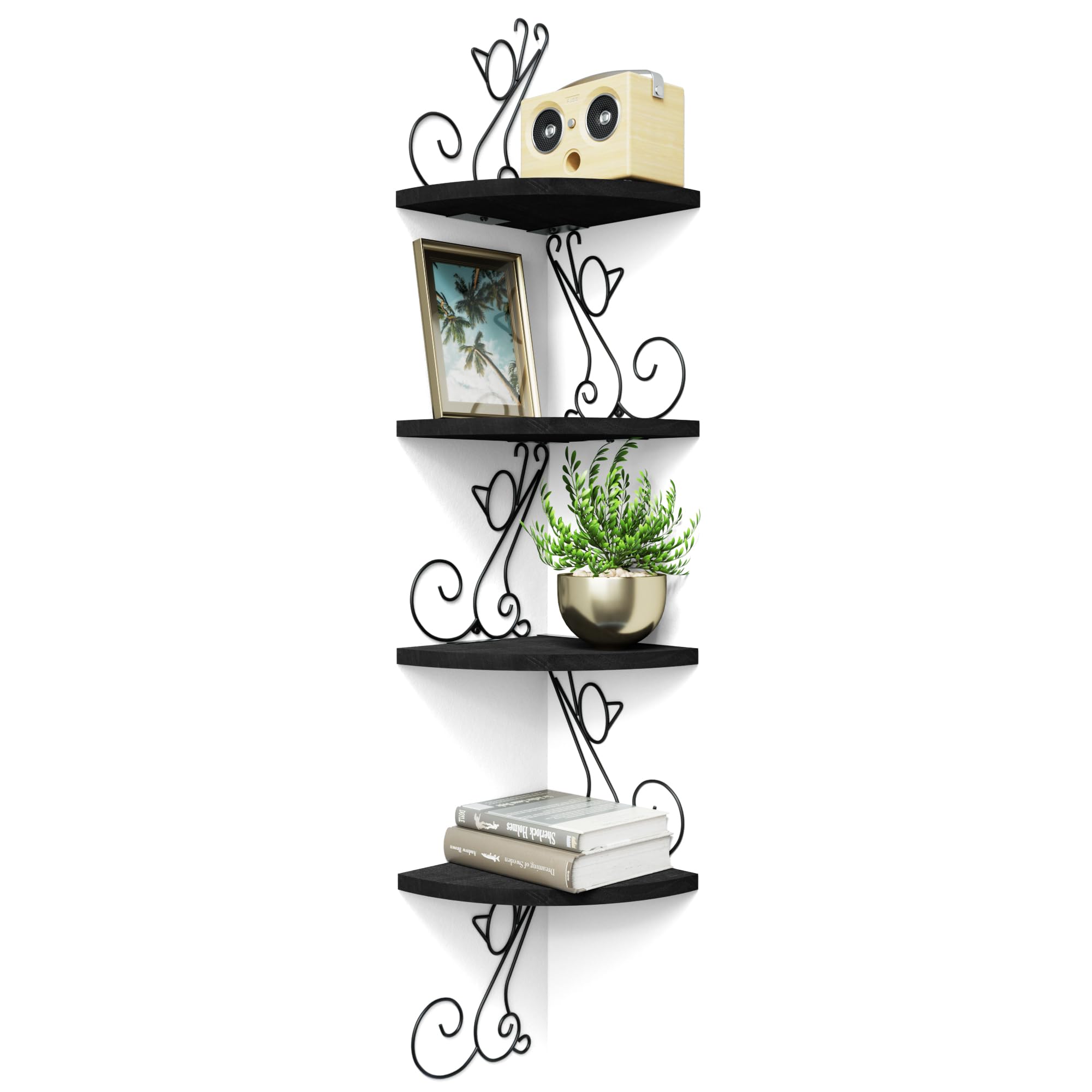 Corner Shelf Wall Mount of 4 Tier Corner Shelves Rustic Wood Floating Shelf Cat Shape Metal Corner Stand for Bedroom Living Room Bathroom Kitchen Office and More Black