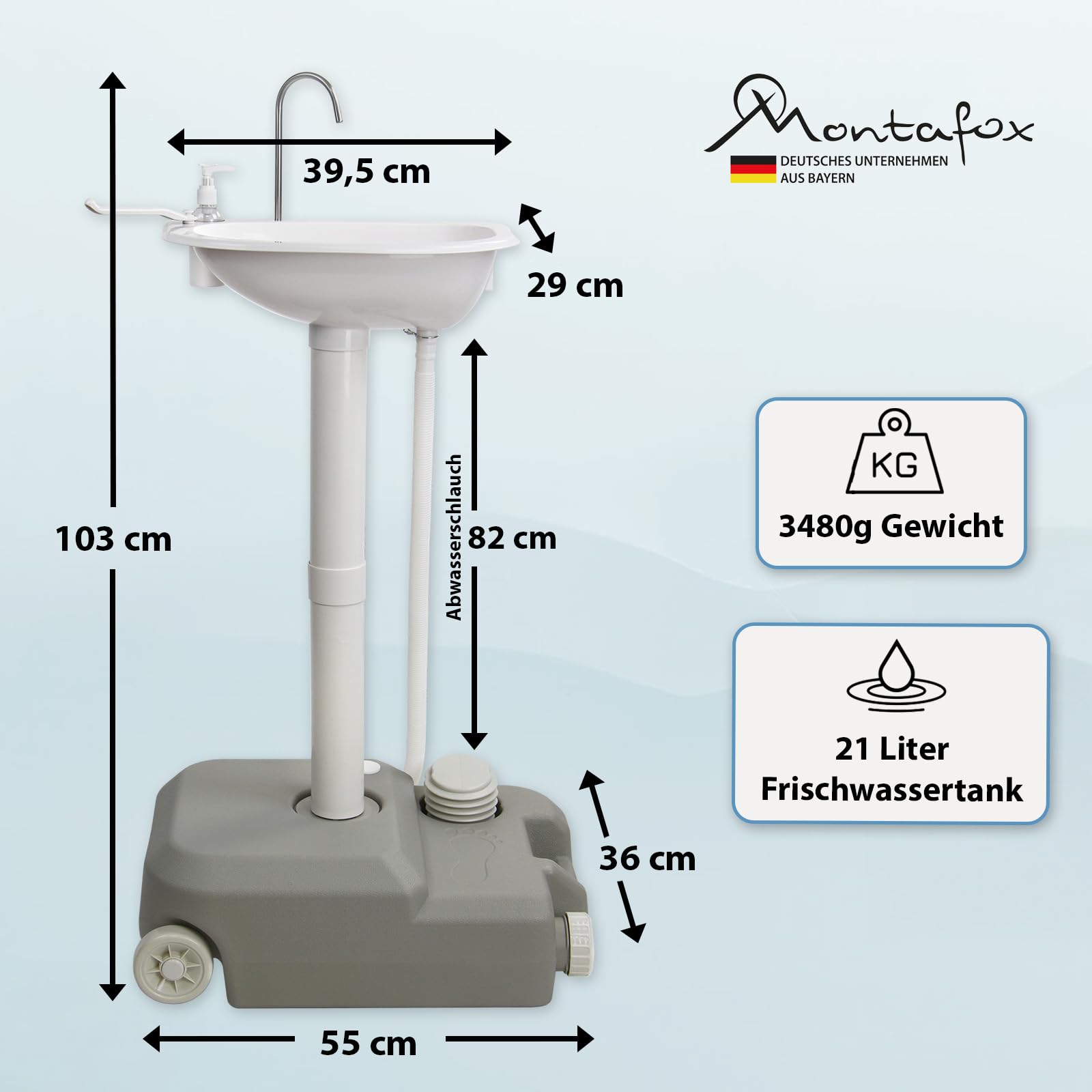 Montafox Mobiles Camping Waschbecken 21 L Frischwassertank - Waschstation mit Fußpumpe Seifenspender Handtuchhalter für Outdoor