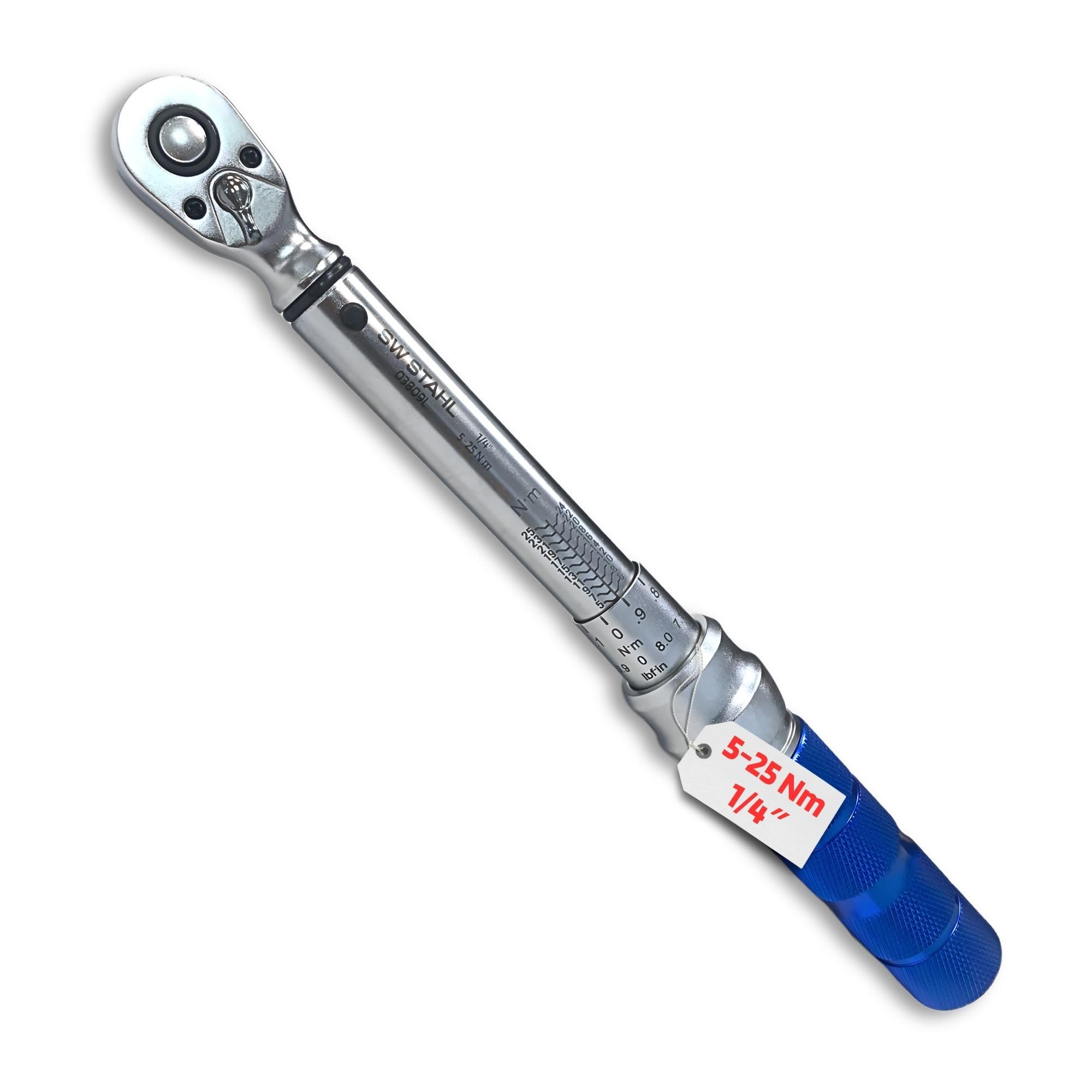 SW-Stahl 03809L Klucz Dynamometryczny 1/4 Cala, 5-25 Nm, Lewo i Prawo | Precyzja +/- 4%, 48 zębów, długość 245 mm, idealny do kół, świec i rowerów, bezpieczna blokada i ergonomiczny uchwyt.