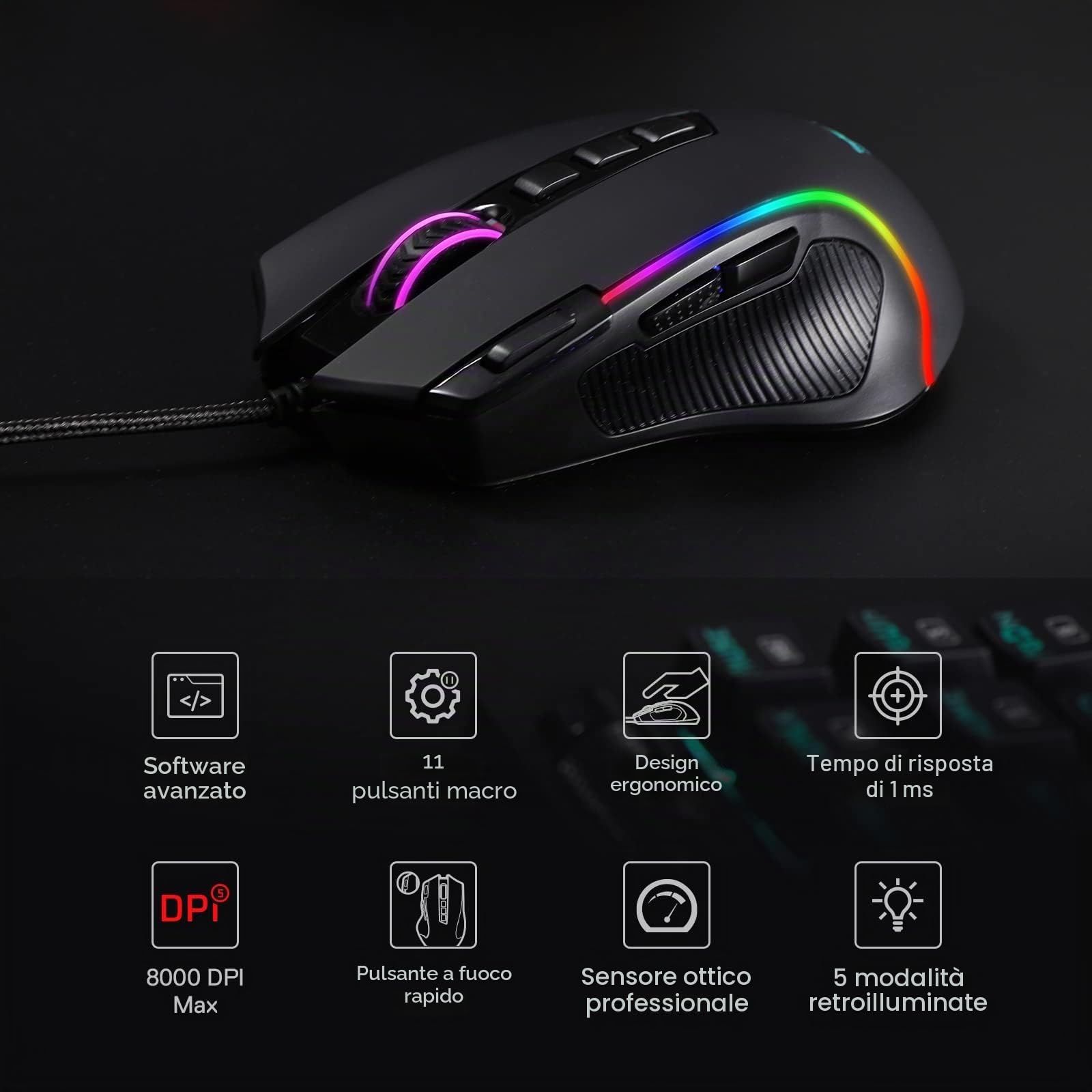 Redragon M612 Predator RGB Gaming Mouse 8000DPI Mouse ottico cablato con 11 pulsanti programmabili e 5 modalità di retroilluminazione, software supporta Keybinds Rapid DIY