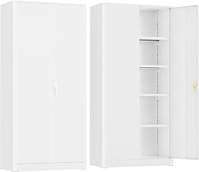 Crownland 72" Lockable Metal Storage Cabinet, Garage Storage Cabinets, High Office Cabinet with Adjustable Shelves for Garage, Home Office,Pantry, FileWhite