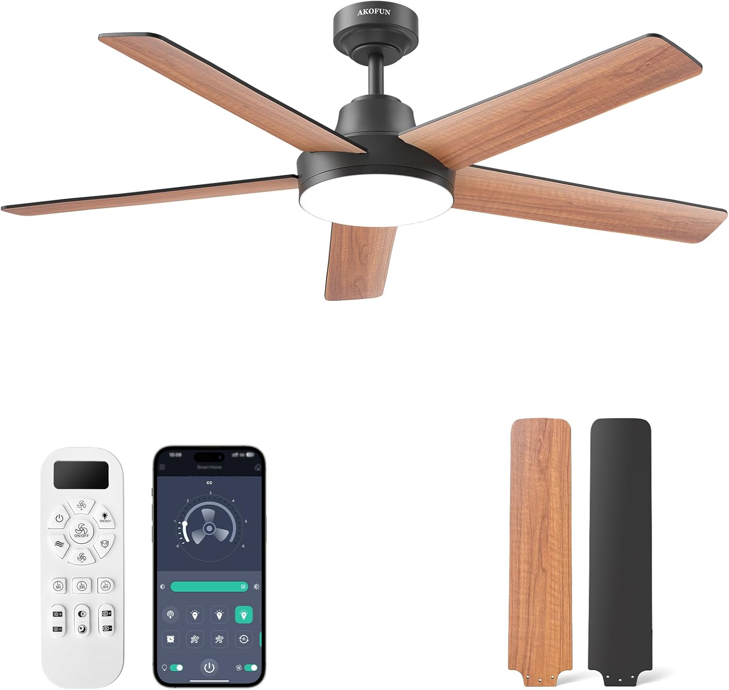 Ceiling Fans with Lights and Remote, 52 Inch Low Profile Ceiling Fan with Light, APP, 6 Speed, Dimmable, Reversible DC Motor, Timer, Modern LED Ceiling Fan for Bedroom Living Room, Black