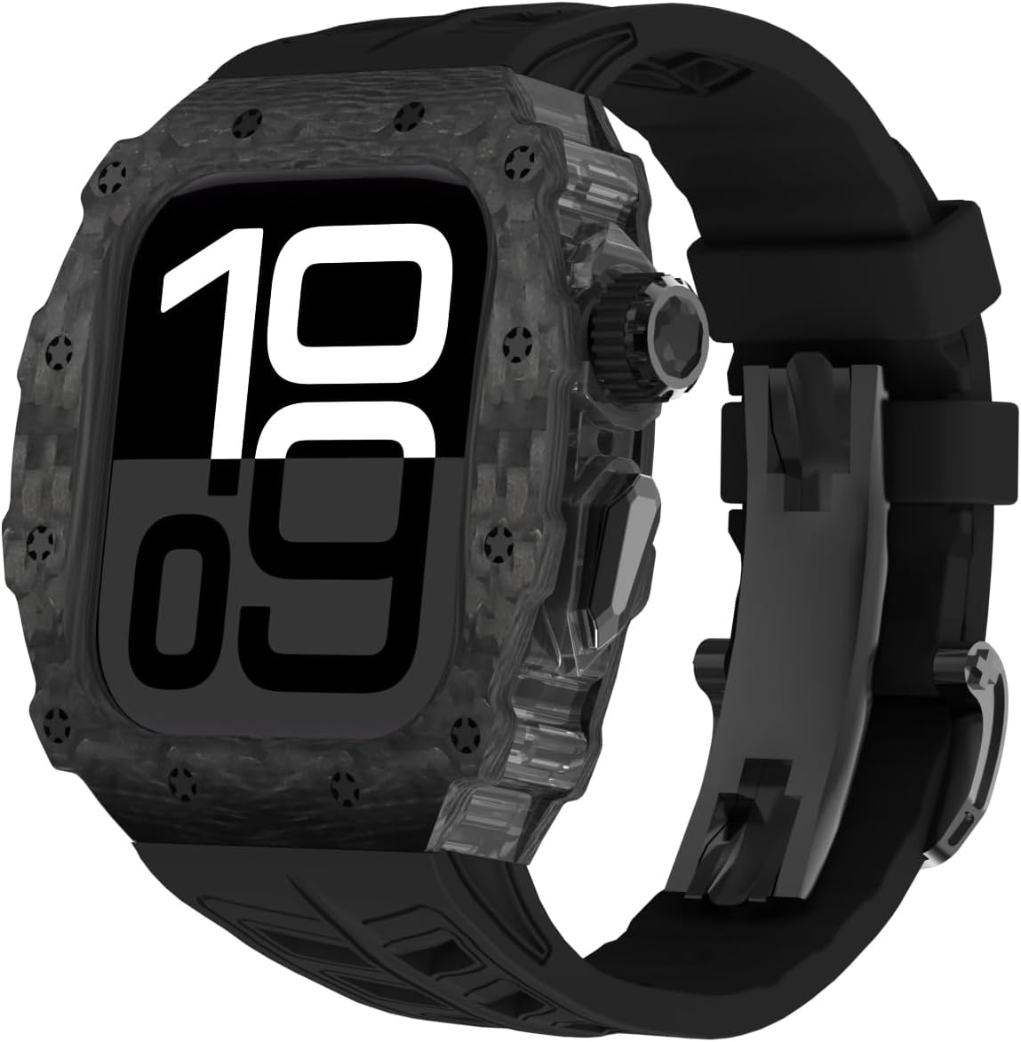 Carbon Fiber Case for Apple Watch 11/10 46mm Fluoroelastomer Band, Luxury Carbon Fiber Bumper Cover for iWatch Series 46mm Shock-Resistant Case Replacement FKM Strap (Black)