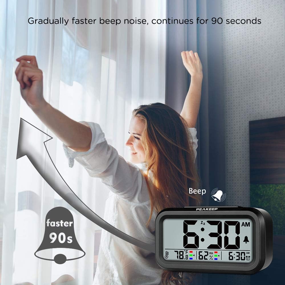 Peakeep Indoor Humidity Temperature Digital Alarm Clock for Bedrooms, Smart Night Light, Battery Operated Small Easy Desk Bedside Gifts Clock