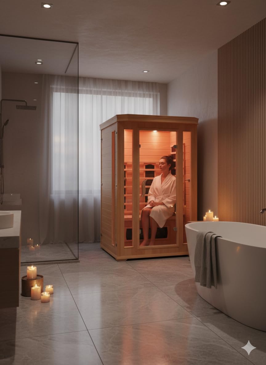 CONCEPT USINE | Sauna a infrarossi di lusso a 2 posti in legno | Calore a secco economico | 5 diffusori a infrarossi | cromoterapia 7 colori | controlli LCD + radio | 1690 W | Compatto e rilassante
