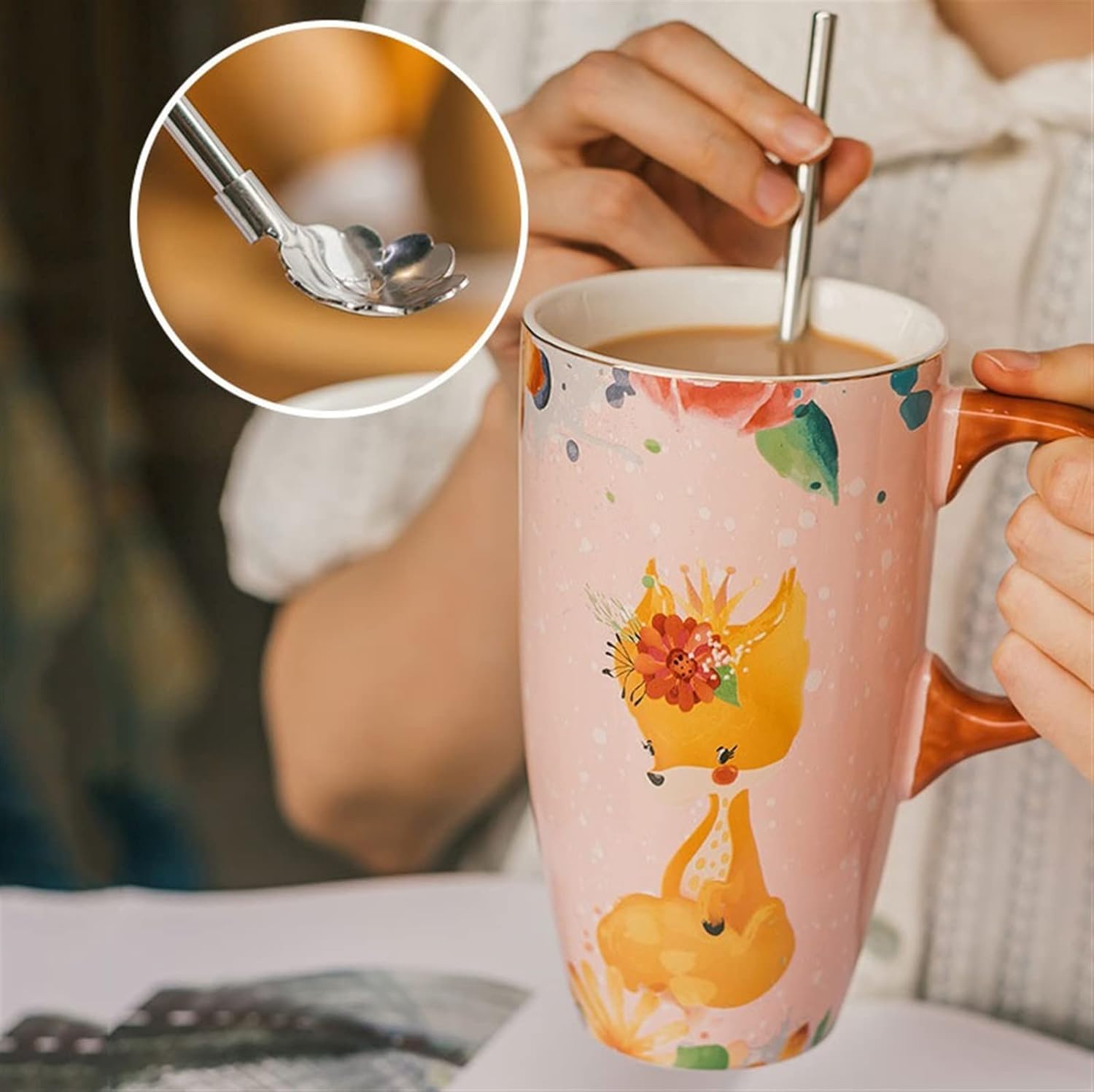 Taza de café de 550 ml, Taza de cerámica de Gran Capacidad, Hermosa Taza de Desayuno con Tapa, Taza para Beber para el hogar o la Oficina con Cuchara, Taza de té