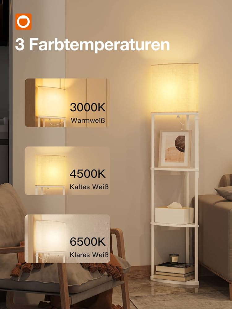 COSTWAY Stehlampe Mit 4 Regalen 163cm - LED Beleuchtung Dimmbar
